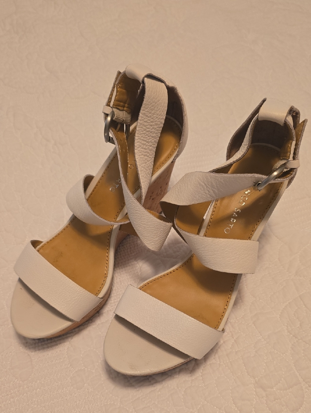 Franco Sarto White Crisscross Cork Wedge Sandals